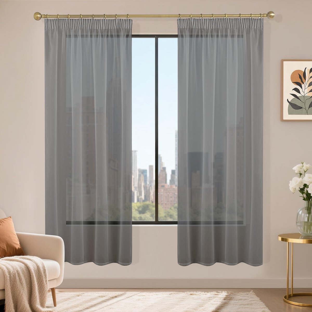 Gordijnen met plooiband, set van 2, voile schuifgordijnen, 180 x 120 cm (h x b), transparant gordijn, gordijn donkergrijs, gordijnen voor woonkamer, slaapkamer, transparant gordijn