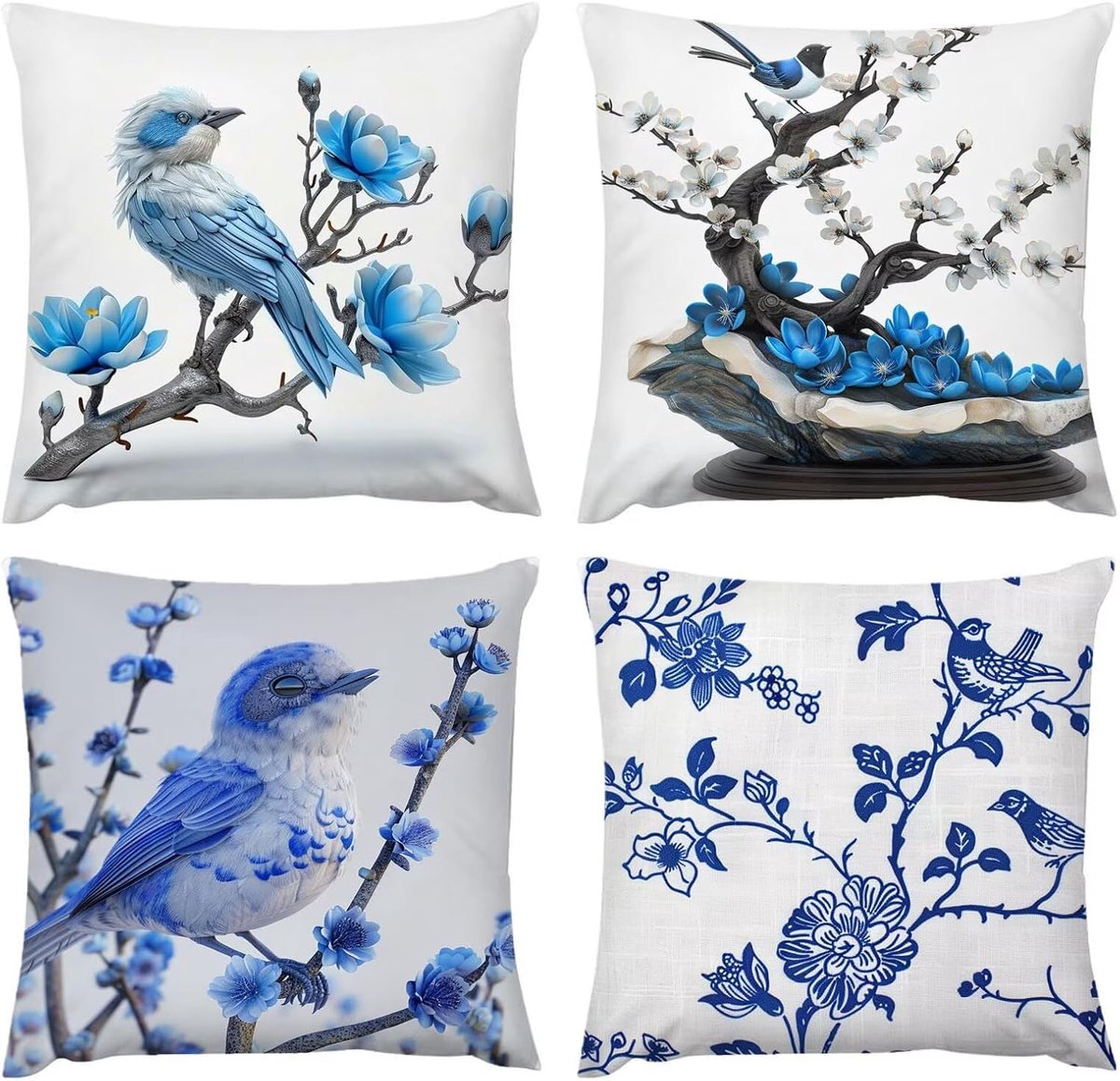 kussen, 50 x 50 cm, kussensloop, outdoor, waterdicht, blauw vogelkussen, 50 x 50 cm, set van 4, verborgen rits, bankkussen, decoratief kussen, voor tuin, bank, woonkamer, bed, C-357