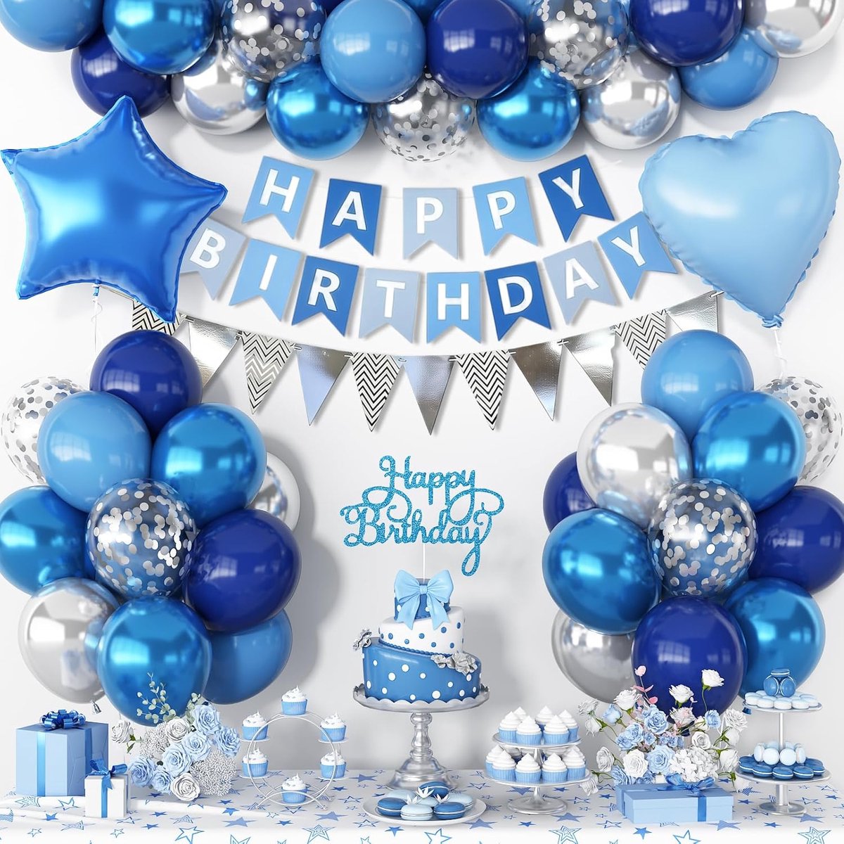 Ballonnen, verjaardagsset voor meisjes en jongens, decoratie, blauw, zilver, verjaardagsdecoratie, latexballonnen met Happy Birthday-banner voor verjaardagsfeesten, hart- en sterfolieballonnen voor