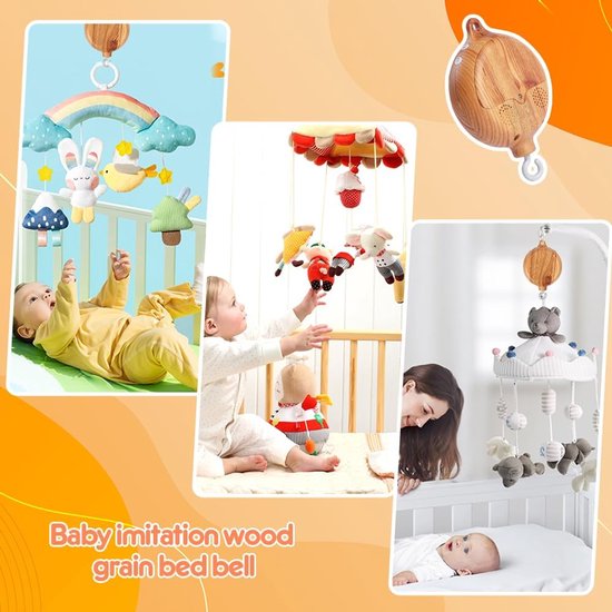 Mobiele muziekdoos voor baby's, houtlook, muziekbox, bedbel, kinderbed, mobiele motor, bedbel, hanger, babybed, decoratie, elektrische babymuziekdoos met 35 schattige melodieën, babybeddengoed — afbeelding 5