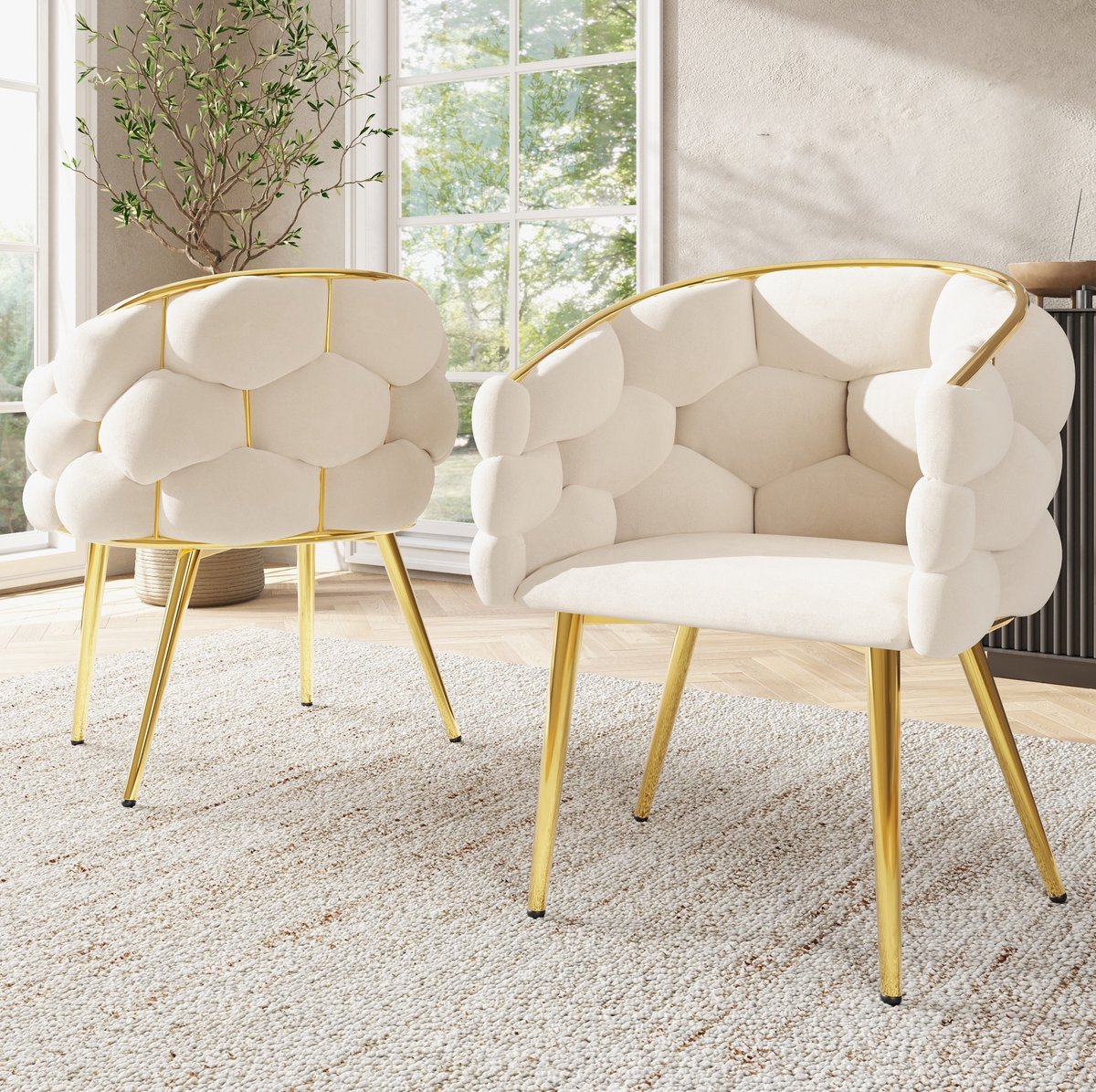 DESMIU Eetkamerstoel Set Van 2 44 X 41 X 74 Cm Luxe Velvet Met Gouden Metalen Poten En Armleuningen Voor Eetkamer Woonkamer Beige