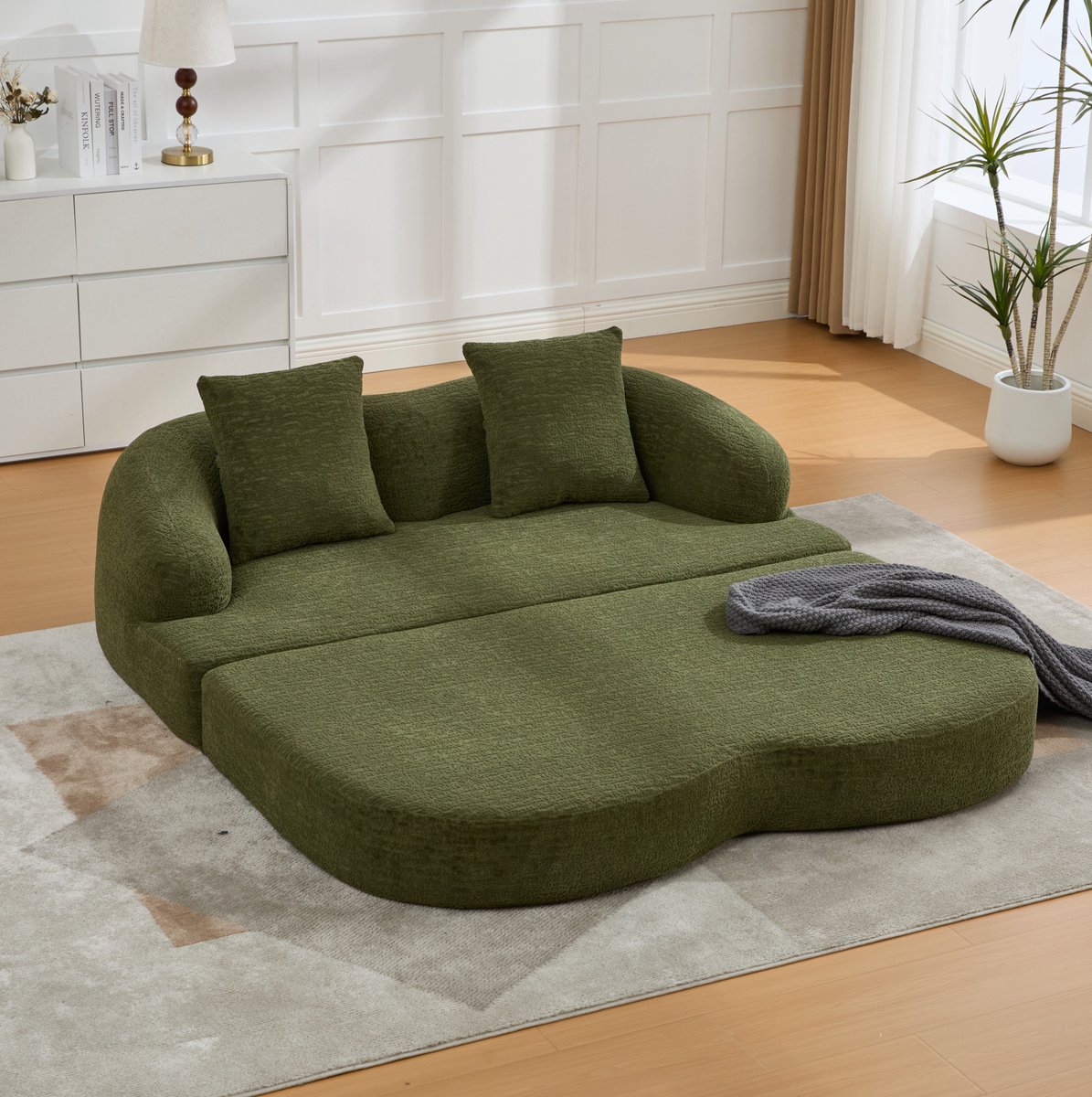 FloraGrace Slaapbank 157 Cm - 2-Zits Opvouwbare Bedbank Met Slaapfunctie En 2 Kussens - Voor Woonkamer Of Logeerkamer - Chenille - Groen