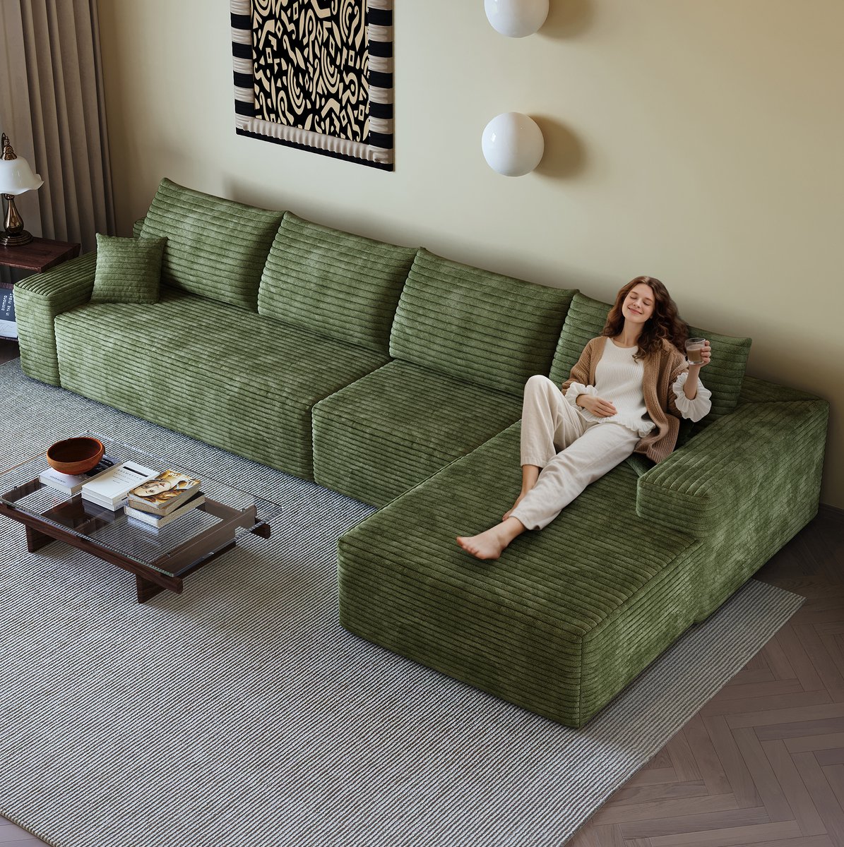 FloraGrace Hoekbank 270 x 175 cm - Modulaire 4-Zits Met L-Vormige Chaise Longue En Diepe Zit - Woonkamer Of Slaapkamer - Stof - Groen