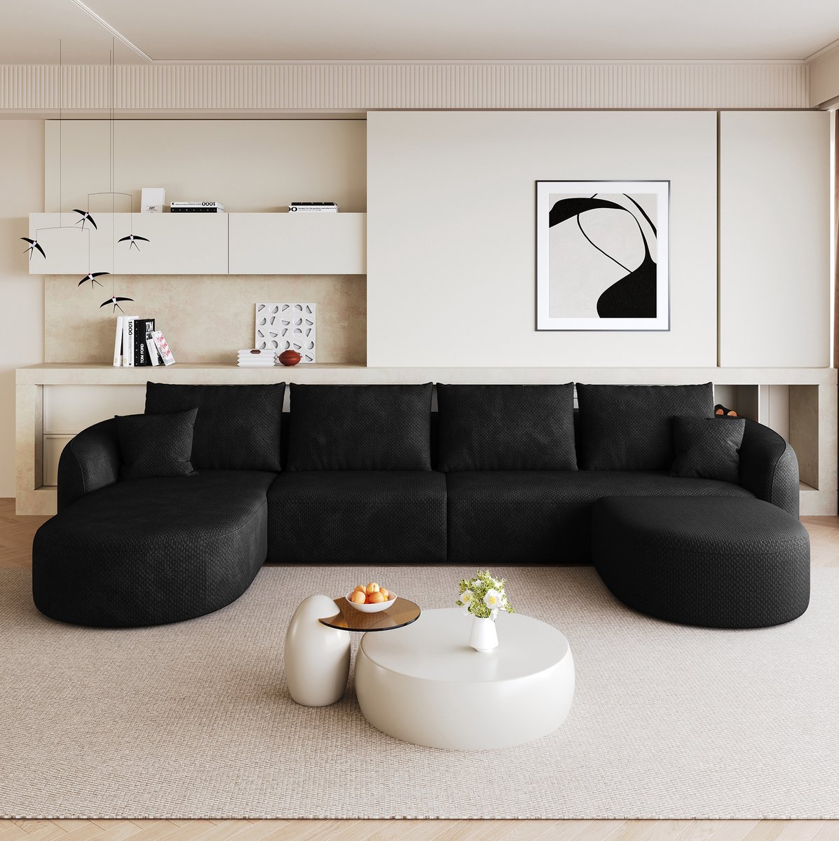 FloraGrace U-Bank 336 Cm - Modulair 6-Zits Sofa Zonder Montage - Voor Woonkamer Slaapkamer Of Appartement - Stof - Zwart