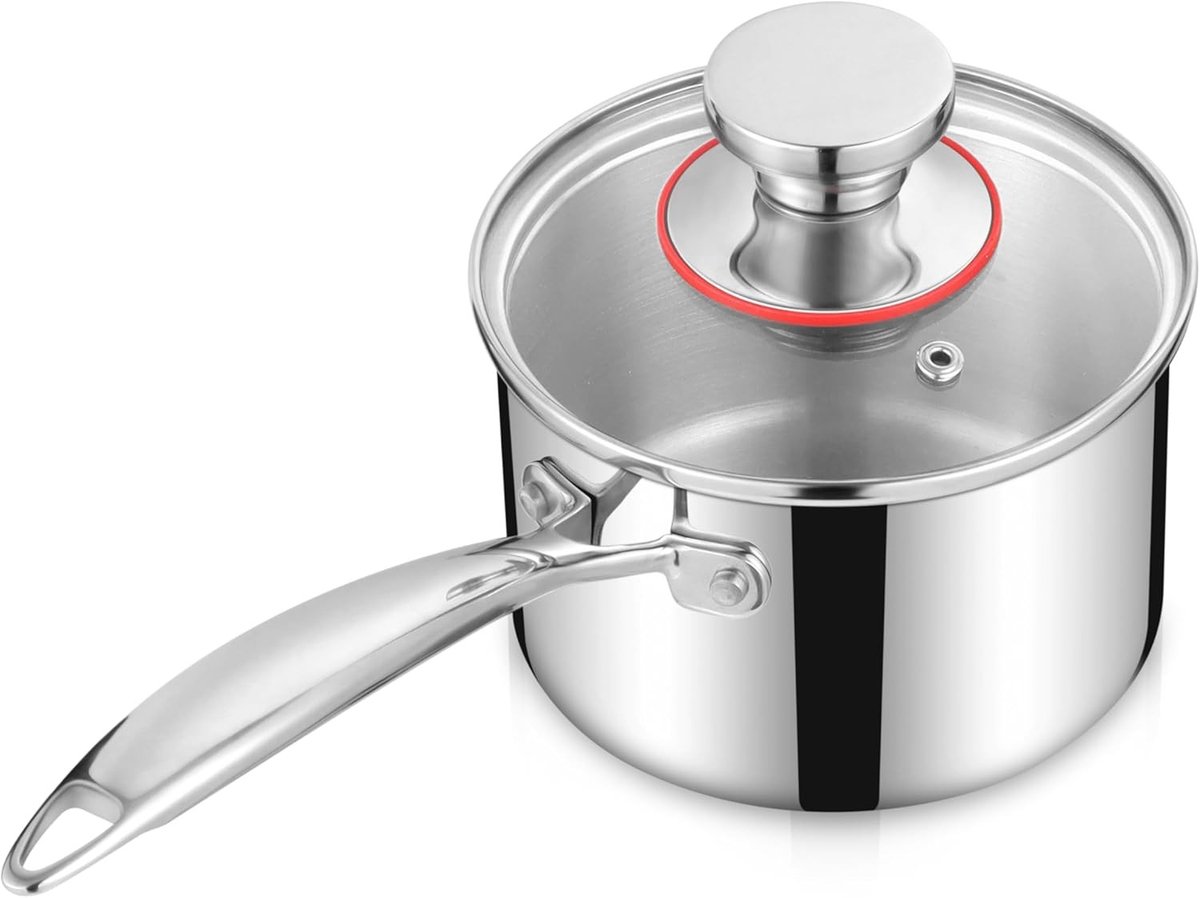 RVS Kookpan 14 cm met Glazen Deksel, 3-laags Inductie Geschikt, Ideaal voor Melk en Sauzen