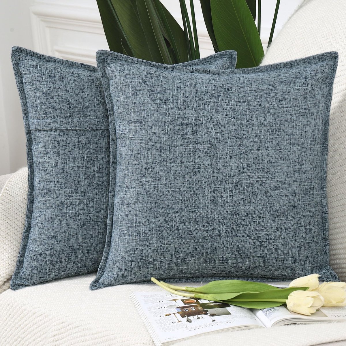 Set van 2 Imitatielinnen kussenslopen Zachte Decoratieve Kussenhoes voor Sofa Slaapkamer Kussensloop 50x50 cm Gemengd Blauw