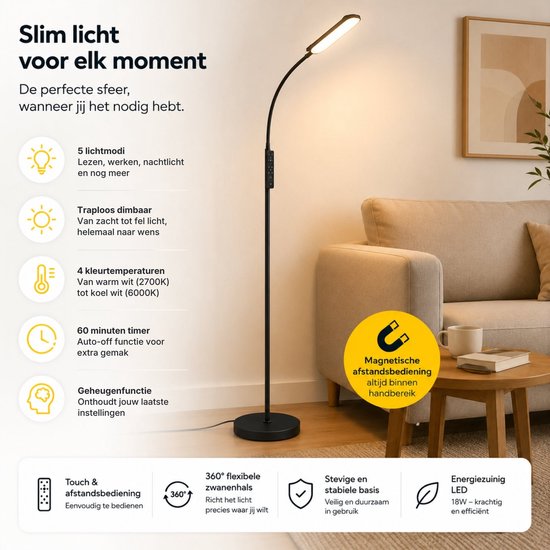Vloerlamp - Staande lamp - Lamp staand - LED - Dimbaar - Leeslamp - Afstandsbediening - Geheugenfunctie - 175 cm - Zwart - Zenzee