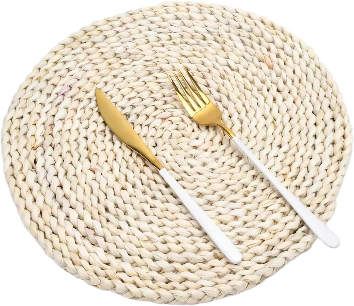 Set van 8 35 cm diameter, handgemaakte, hittebestendige maïskom-placemats: geweven rotan placemats, wasbaar en natuurlijk gevlochten voor keuken en eetkamer (maïskom, 8 stuks)