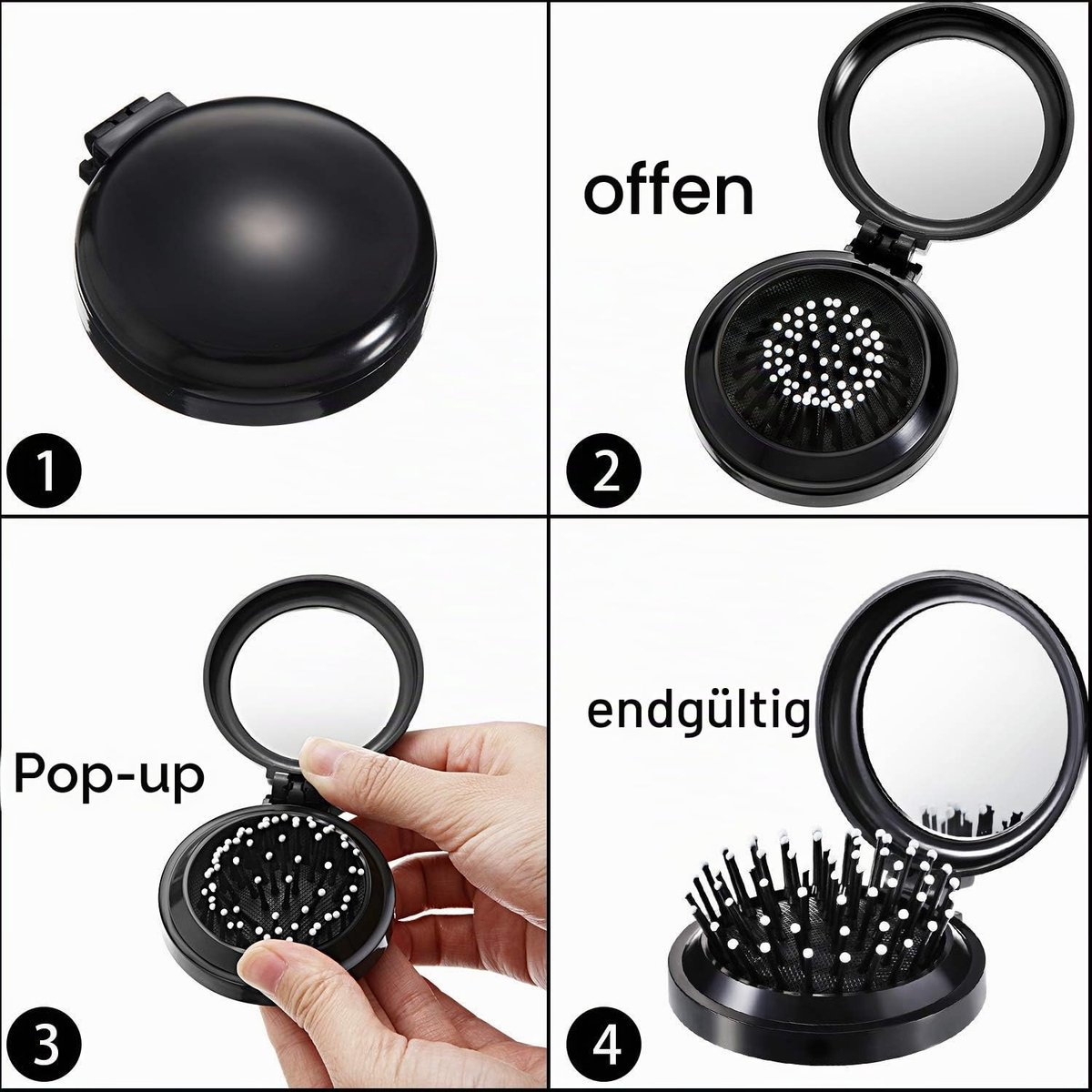 4 stuks mini-reishaarborstel met spiegel, compacte spiegelborstel, opvouwbaar, rond, cartoon, schattig, praktisch, kleine haarkam, reizen, voor vrouwen, meisjes, kinderen, dinosaurus