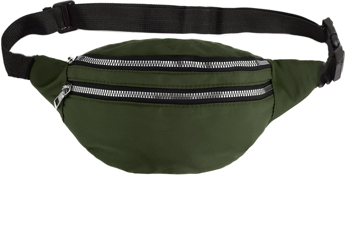 KIMU® Heuptas Groen 2 Ritsen - Fanny Pack met Twee Vakken - Tasje Heuptasje Groene Mosgroen Mos Legergroen Festival
