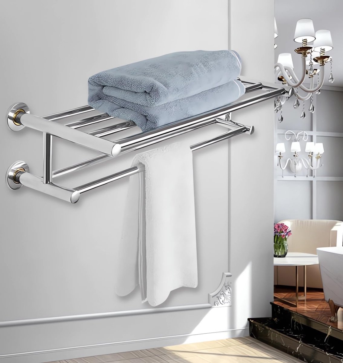 Badkamer Handdoekenrek, 24 inch RVS Handdoekrek met Dubbele Handdoekstangen, Wandgemonteerde Douche Plank Organizer voor Badkamer