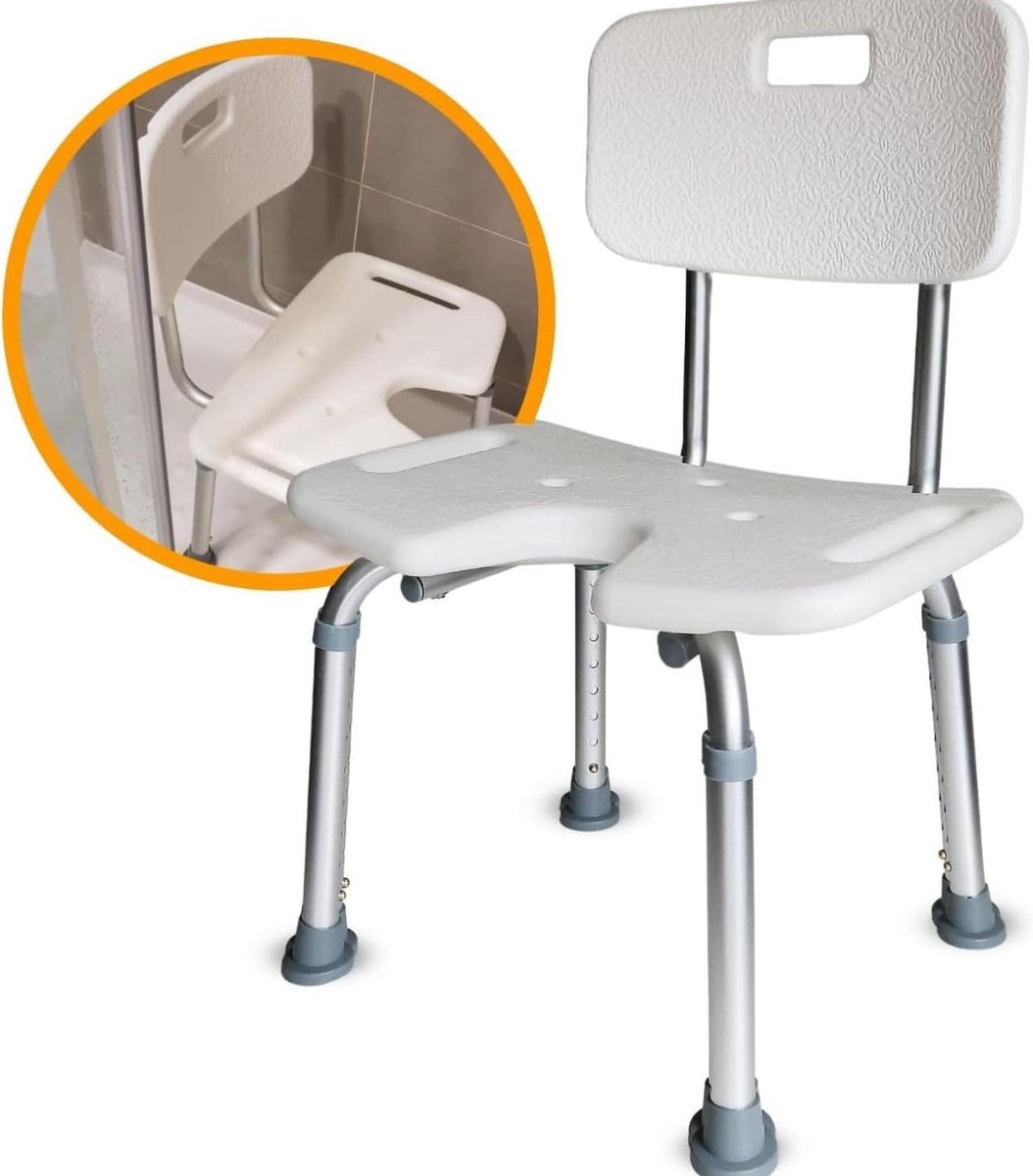 Douchestoel met Rugleuning - Badkruk Senioren - Veilig Douchen - U-Vorm Zitting - 42 x 47 x 67 cm - Wit