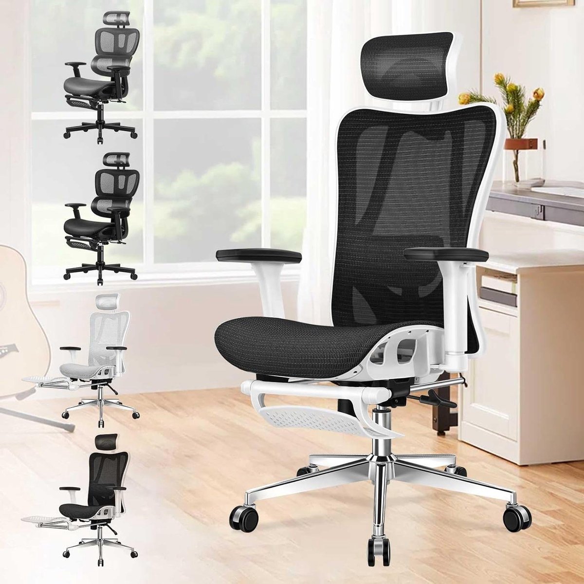 Bureaustoel Ergonomisch - Computerstoel Netstof - Comfortabel Werken - Verstelbare Lendensteun - 130 cm Hoog - Wit Zwart
