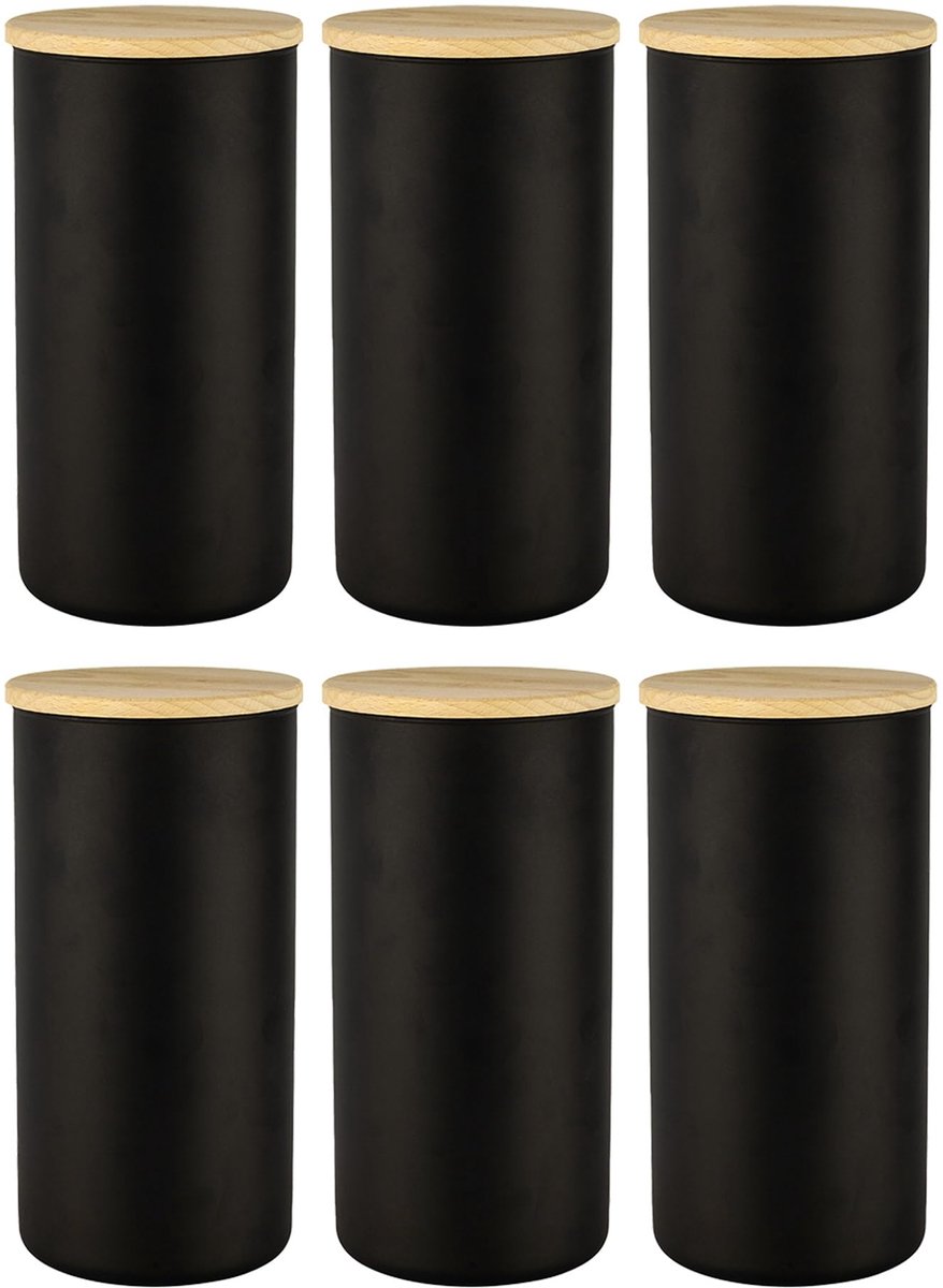 FOR HOME 6 zwarte voorraaddozen glas met deksel van hout luchtdicht 1385 ml glazen voorraadpotten set thee muesli opslag koffiebonen containers kruidenpotjes eco-opslag