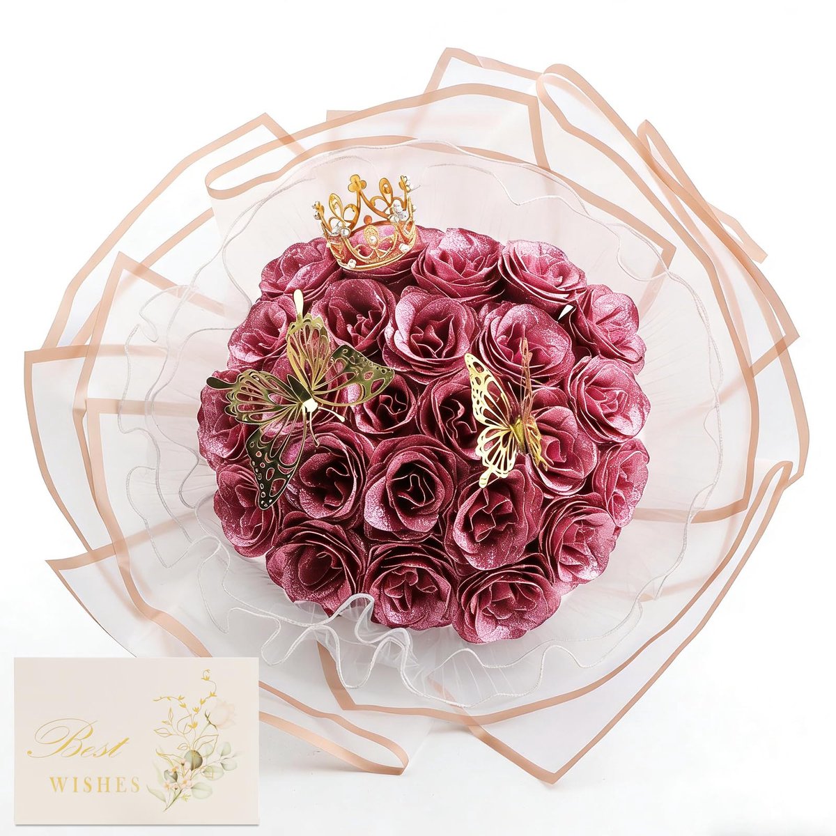 Kunstboeket met glitter met 24 kunstrozen, lichtroze, vlinders en kroon, eeuwig boeket voor Valentijnsdag, bruiloft, jubileum, Moederdag