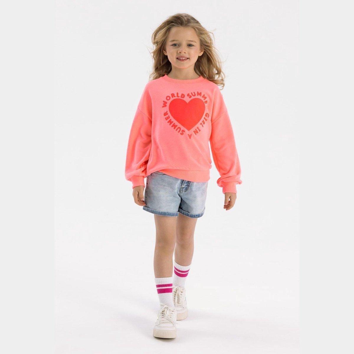 Minoti sweater meisjes met hartprint - ronde hals - koraal