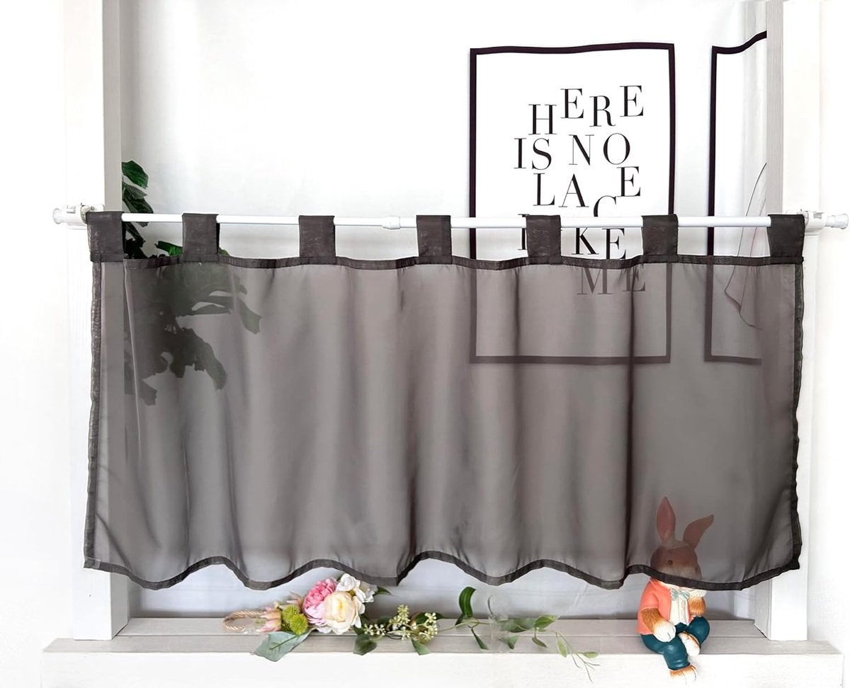 vitrage, voile kortgordijn met lussen, moderne bistrogordijn, transparant raamgordijn, kort gordijn, eenvoudig raamgordijn voor de keuken, HxB 60x100cm, grijs, 1 stuk