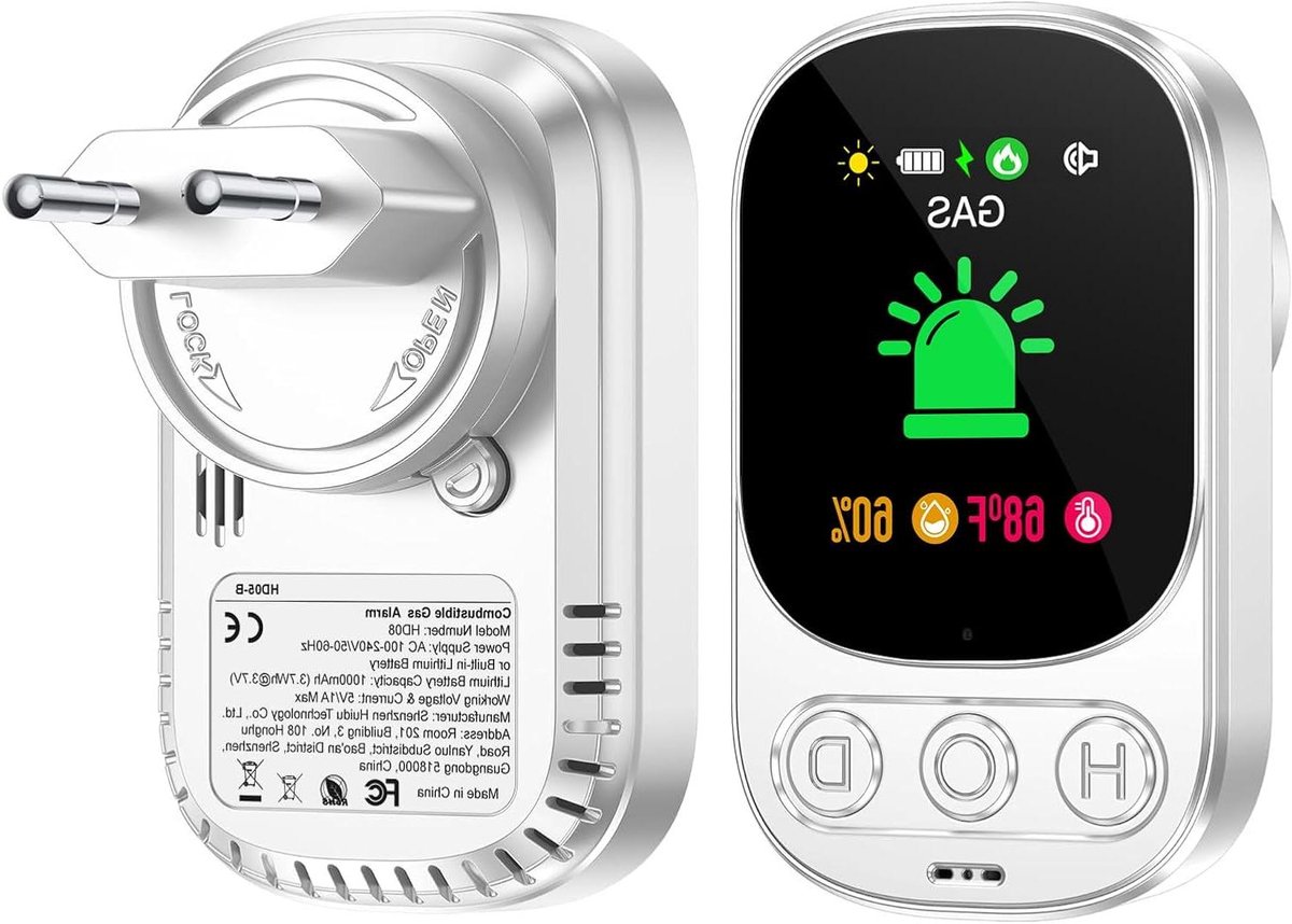 Gasmelder Huis - Gaslekdetector Alarm - Veiligheid Thuis - Met LCD Scherm - 85 x 51 x 33 mm - Wit