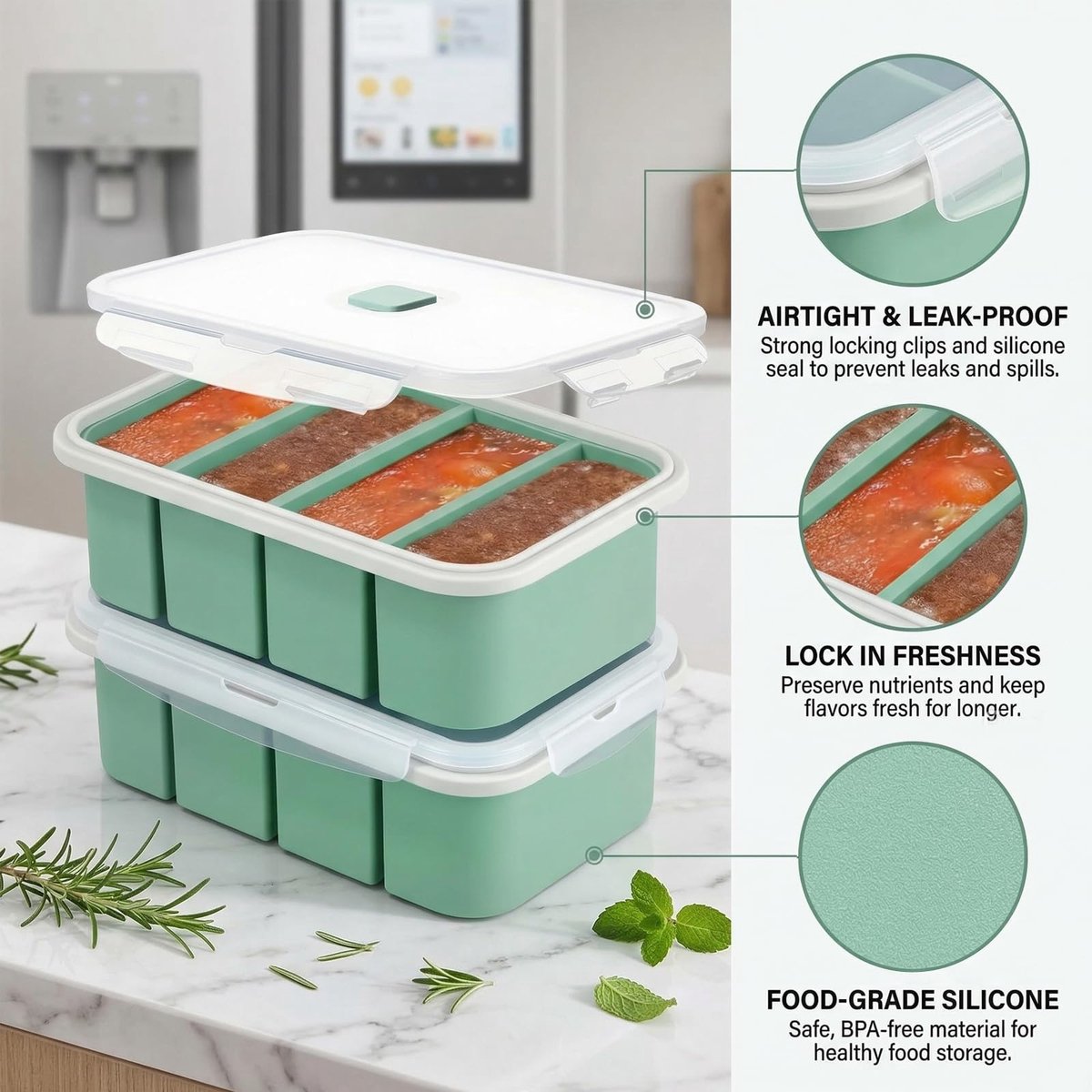 2 stuks soepen, invriezen, siliconen, vriesvorm met deksel, 4 gaten, vriescontainer, voedselcontainer, voorraadcontainer, ijsblokjesvorm voor soep, ijsblokje, bouillon, saus of boter, groen