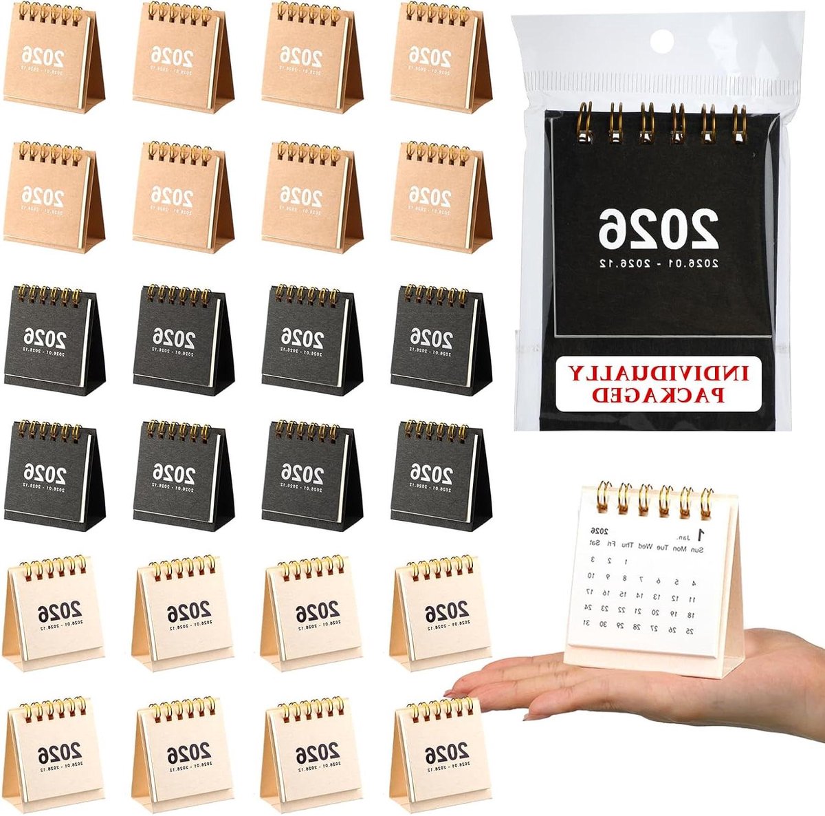 Mini Bureaukalenders - Kleine Kalenders - Jaarlijkse Planning - Compact Draagbaar Formaat - 24 Stuks - Wit Zwart Bruin