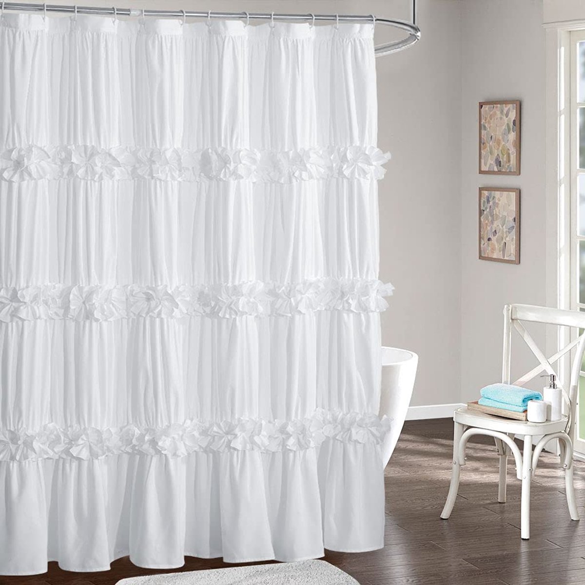 Douchegordijn met ruches, microvezel vintage handgemaakte vlinderdas badgordijn voor hoofdbadkamer, met 12 knoopsgaten, 182 x 183 cm H, wit (LQ-10)