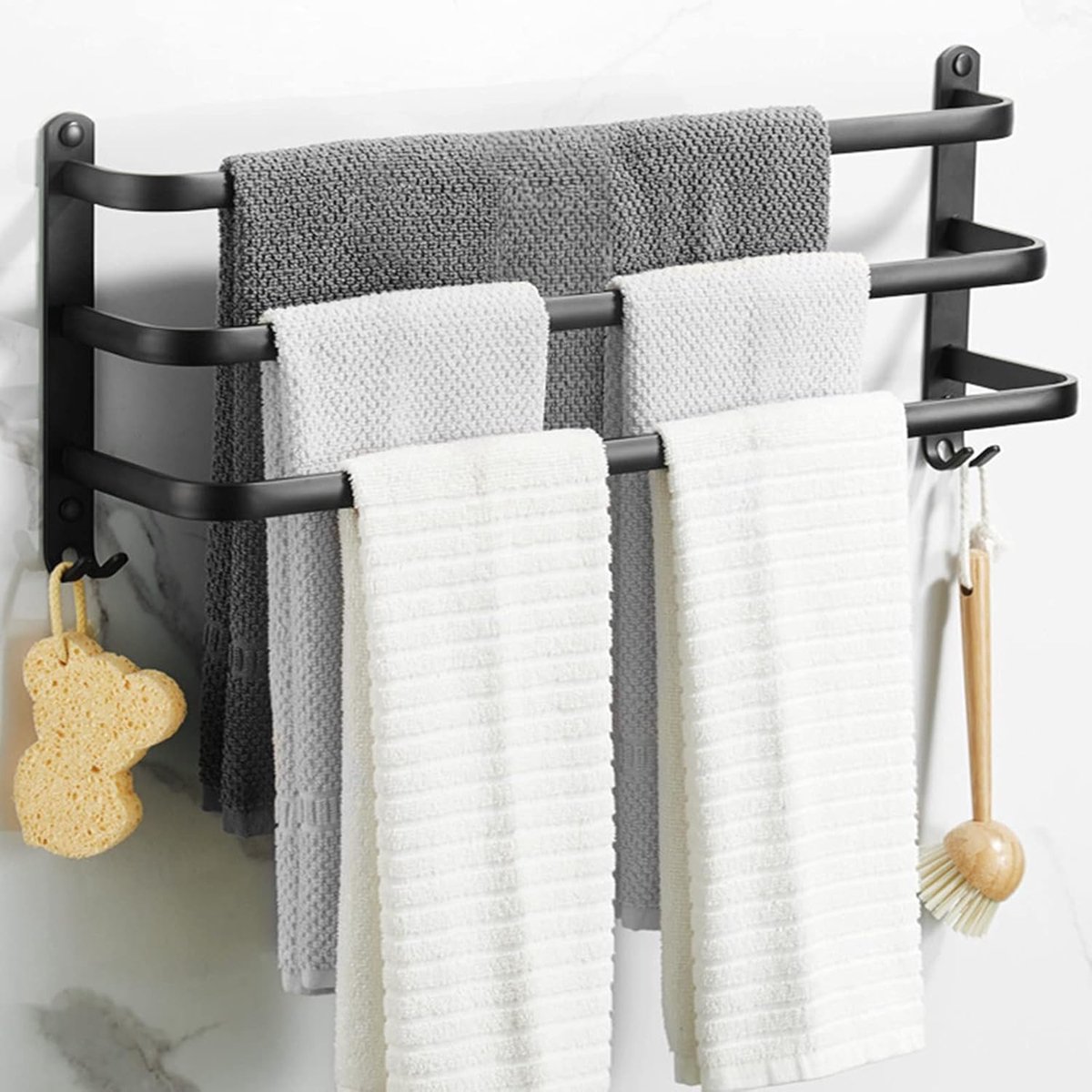 60 cm, handdoekenrek, zwarte matte handdoekhouder met drie handdoekhouders en haakontwerp, ladderhanddoekenrek, handdoekenrek, zonder boren