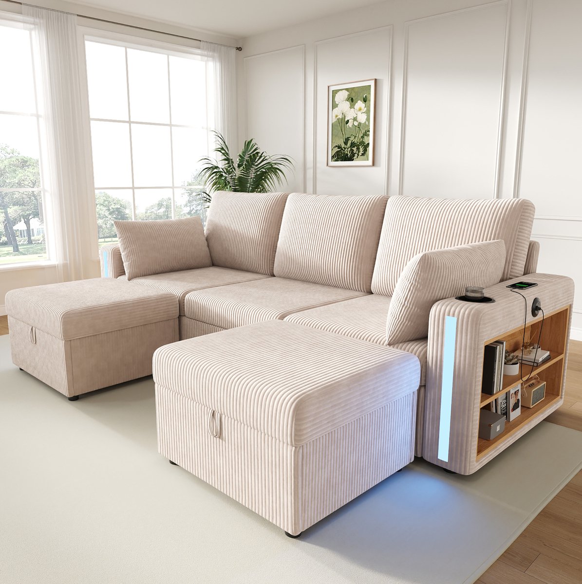 HAUSS SPOLE U-Bank - Modulaire Hoekbank - Met Ledverlichting, Usb En Type C - Voor Woonkamer En Lounge - Corduroy Beige