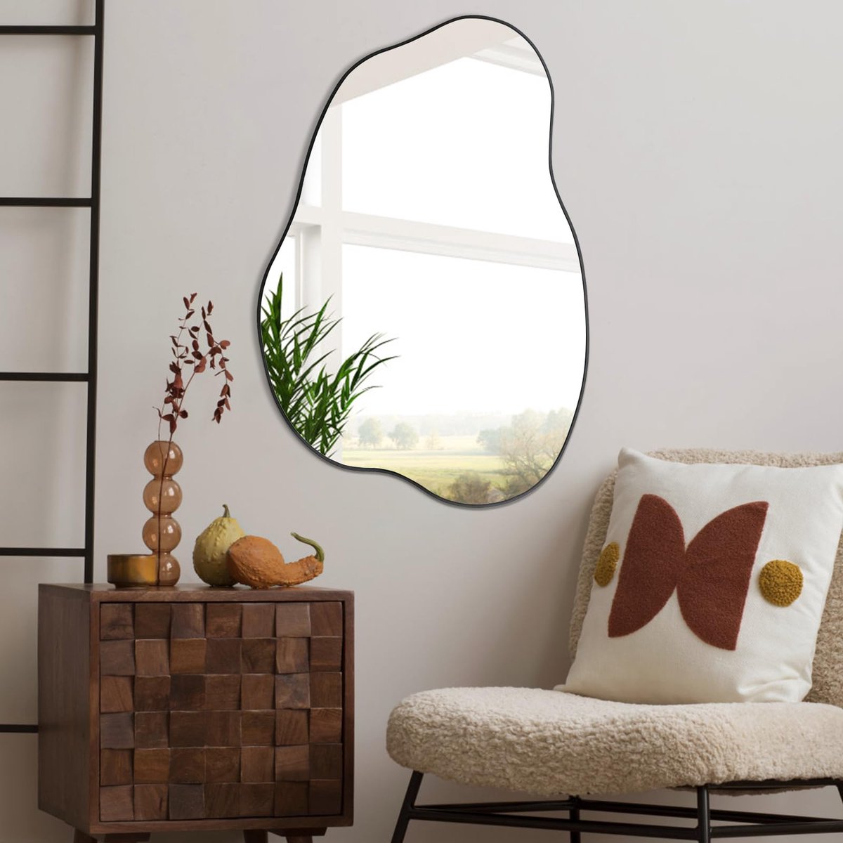 Asymmetrische zwarte onregelmatige spiegel, moderne unieke gevormde wolkspiegel voor woonkamer, badkamer, slaapkamer, entree, woondecoratie, 76,2 x 52,1 cm