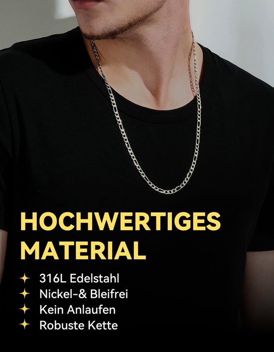 4/6/9/13 mm figaroketting, modieuze halsketting van roestvrij staal, zilver/18k verguld/zwart, coole halsketting (35,5 - 76 cm) voor modellen / hip pop rapper/dames en heren — afbeelding 2