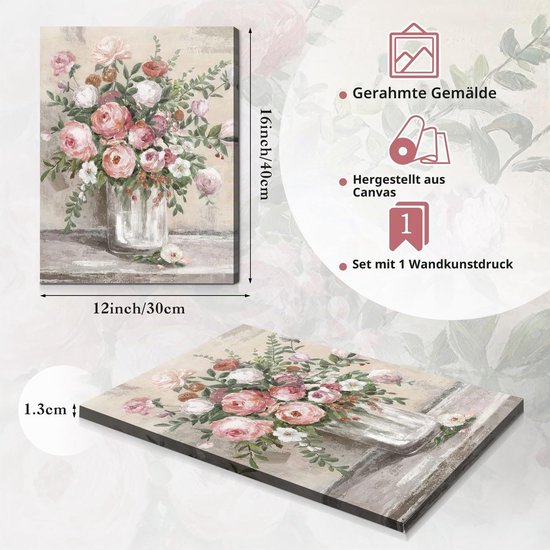 Ingelijste Vintage Bloem Kunst Aan de Muur Decor Boerderij Stilleven Poster, Rustieke Roze Witte Bloemenvaas Drukt Botanische Olieverfschilderij Badkamer Slaapkamer Woonkamer 12x16 Duim — afbeelding 4