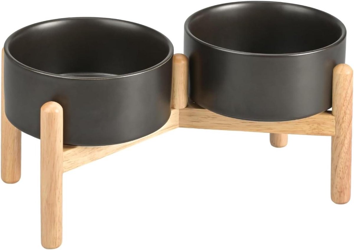 Keramische Hondenbak - Verhoogde Voerbak - Gezond Eten - Bamboe Standaard - 850 ml - Zwart