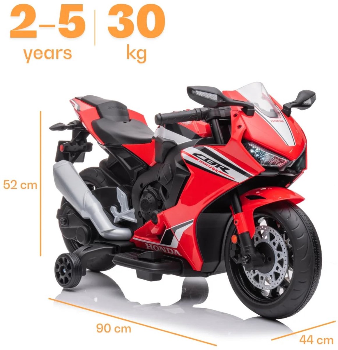 Honda CBR 1000RR Full Option Elektrische Kindermotor 2 tot 5 jaar – Officieel Gelicentieerde Motor met LED-Koplamp & Claxon – Li-ion Kindermotor met Verwijderbare Zijwieltjes & Realistische Geluiden – Rood — afbeelding 3