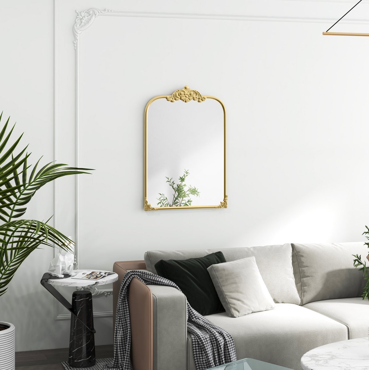 MEUNIQ Wandspiegel 60 x 87 cm in barokstijl met gouden metalen frame, afneembare florale decoraties en wandmontage voor woonkamer, slaapkamer of kaptafel
