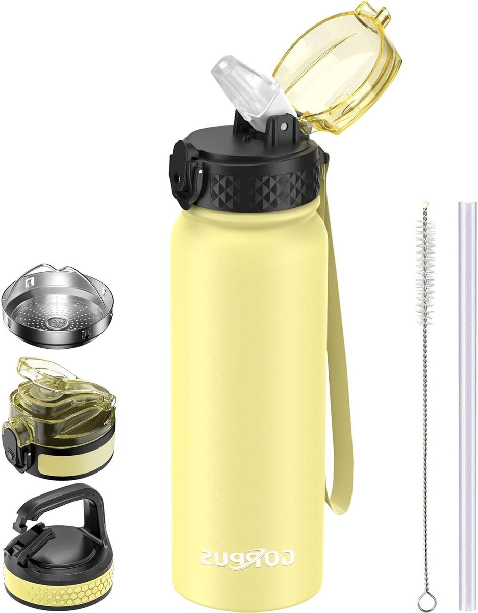 Roestvrijstalen Waterfles - Thermosfles Drinkfles - Sporten en Reizen - Dubbelwandig Geïsoleerd - 600ml - Geel