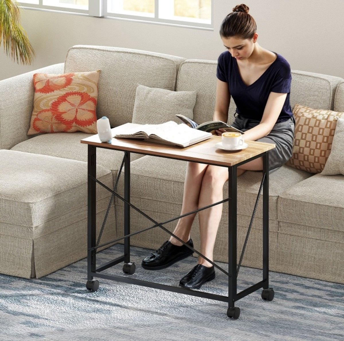 MEUNIQ Klapbaar bureau 80 x 40 x 75 cm met wielen en vergrendelbare zwenkwielen, computertafel voor thuiswerkplek of studeerkamer, eiken