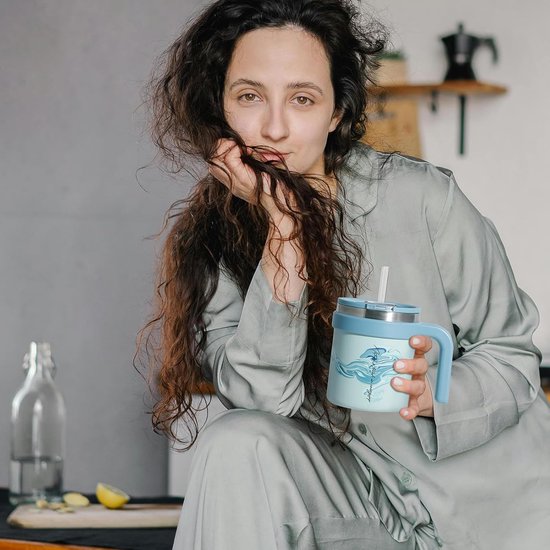 Reismok met handvat - Thermosbeker Koffiebeker - Warme koude dranken - Dubbelwandige isolatie - 500ml - Misty Blue — afbeelding 2