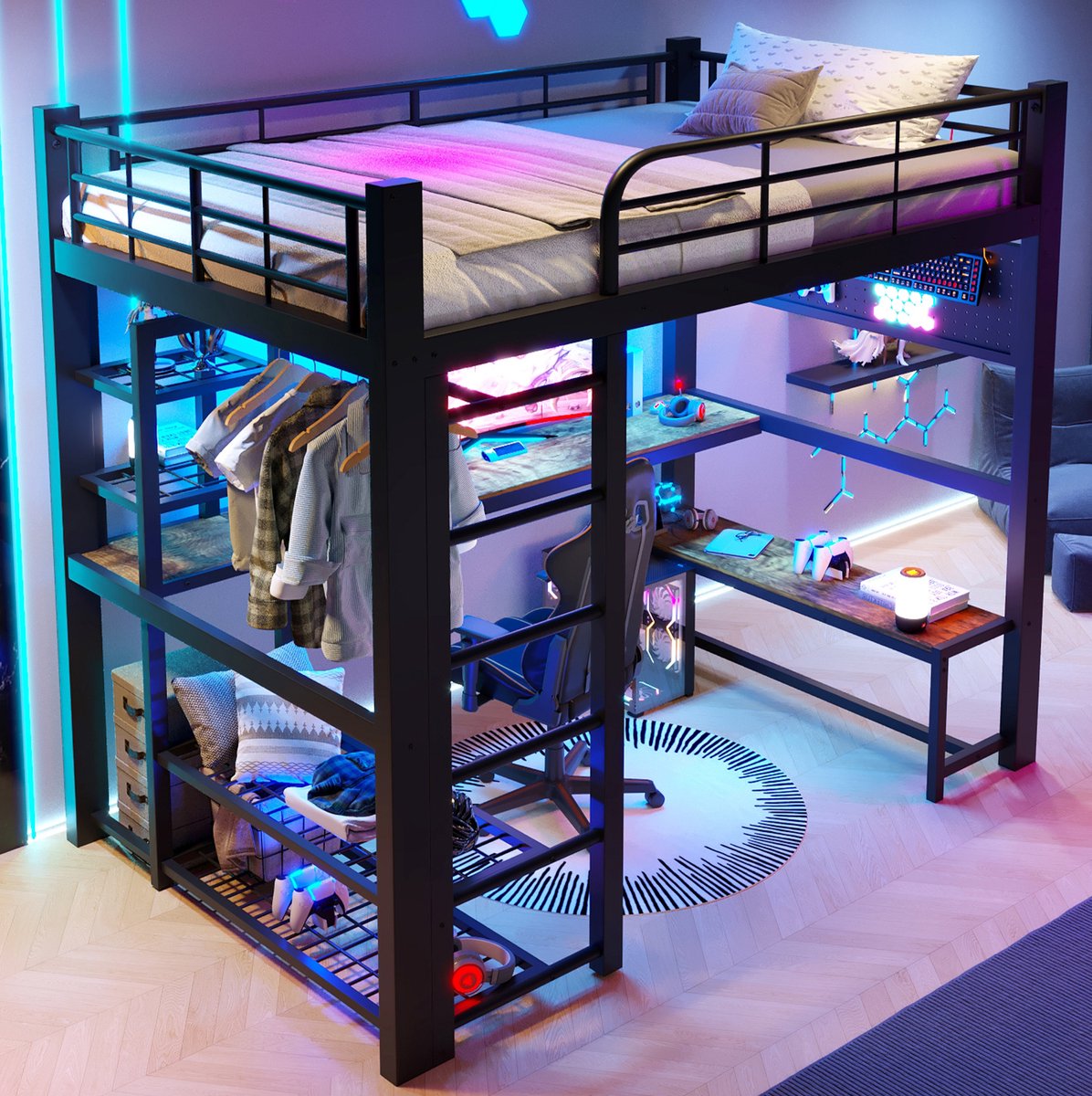 MIVRAY Hoogslaper 140x200 cm Zonder Matras - Met LED Verlichting Bureau Opbergrekken En Kledingstang - Ruimtebesparend - Metaal - Zwart
