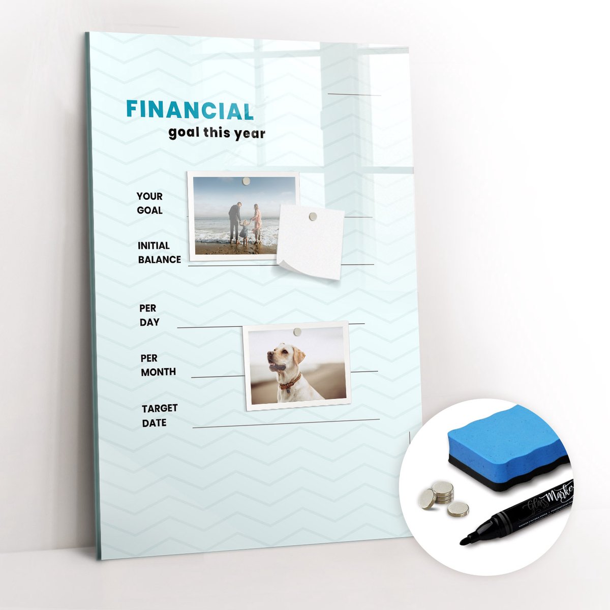 Tulup Whitebord - Financieel planner - 40 x 60 cm - Blauw Magneetbord Design - Gratis 5 Sterke Magneten + Whiteboard Marker & Wisser - Wanddecoratie Kantoor - Magneetbord Foto - Ideeënbord Thuiswerkplek