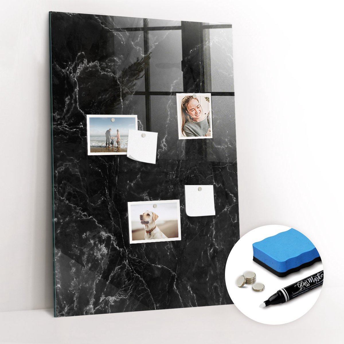 Tulup Whitebord - Glanzend donker marmer - 60 x 90 cm - Zwart-wit Magnetisch Bord Kind - Gratis 5 Sterke Magneten + Whiteboard Marker & Wisser - Wanddecoratie Kantoor - Memobord Magnetisch - Inspiratiebord Kantoor