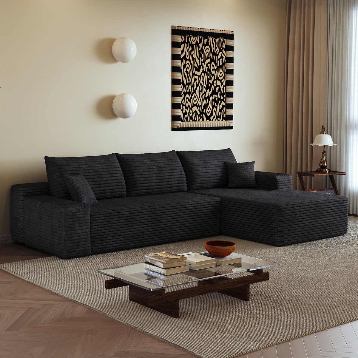 FloraGrace Hoekbank 270 cm - 3-Zits Modulair Met L-Vormige Chaise Longue En Diepe Zit - Zonder Montage - Voor Woonkamer Of Slaapkamer - Corduroy - Zwart
