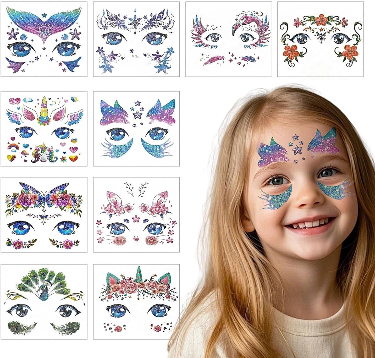 10-delige set glitter gezichtstattoos voor meisjes, tijdelijke dierentattoos, eenhoorn, zeemeermin, vlinder, feest, verjaardag, carnavalsmake-upstickers