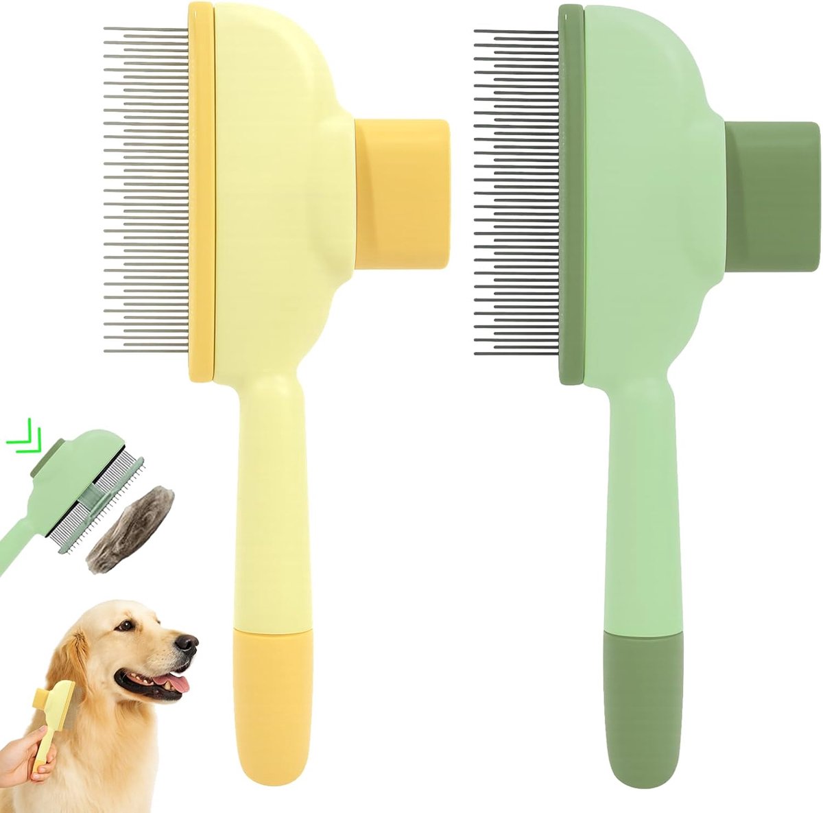 2 stuks vachtflitsborstel, zelfreinigende vlooienkam voor kat en hond, kattenborstel met ontspanningsknop, ondervachtborstel kat, vlooienkam honden, voor lang en kort haarverzorging huisdier