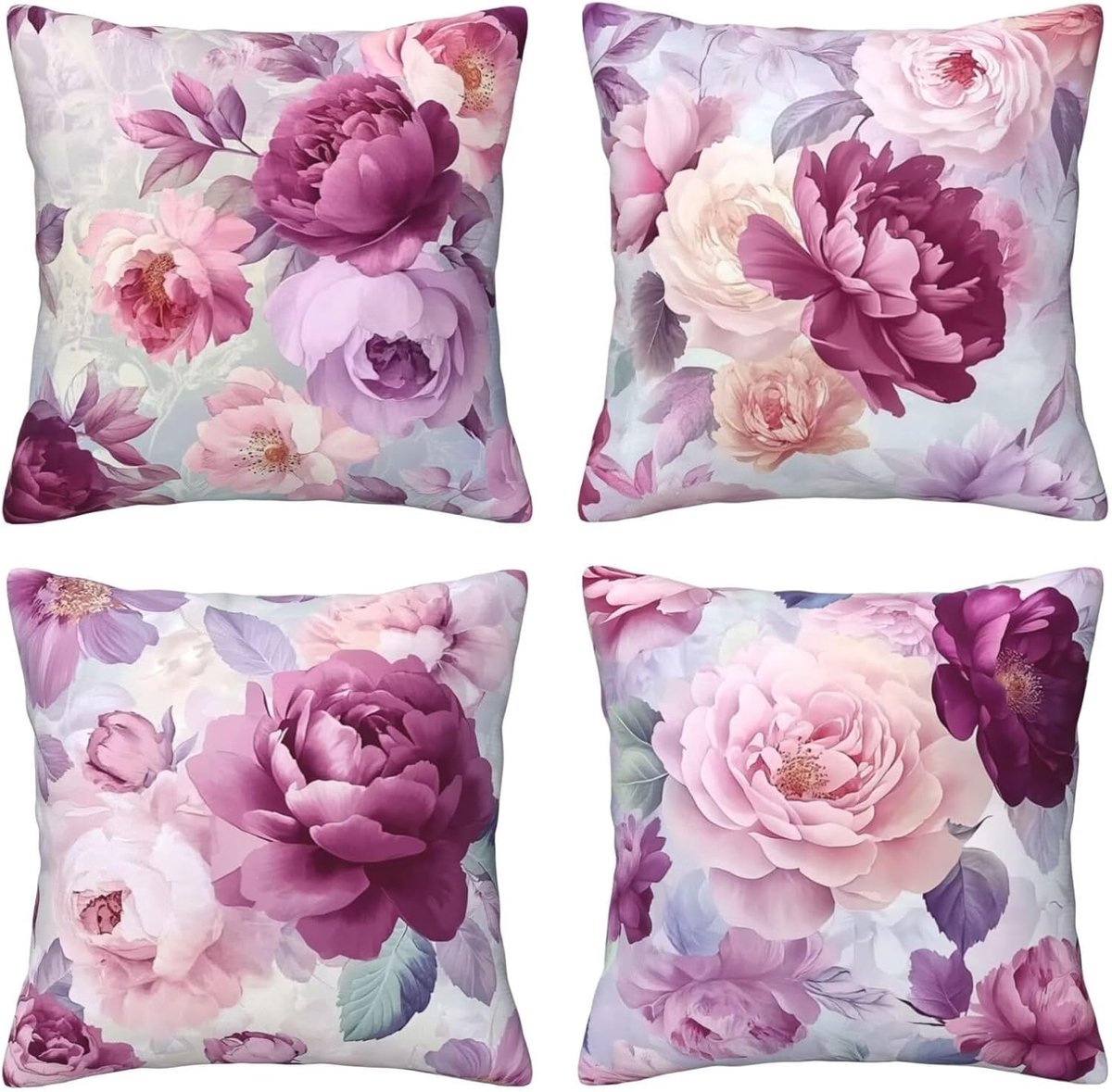 Kussenhoezen, roze bloemen, 65 x 65 cm, behaaglijk, kussenhoes met onzichtbare ritssluiting, zacht, wollig, bankkussen, wasbaar, voor terras, tuin, bank en woonkamer