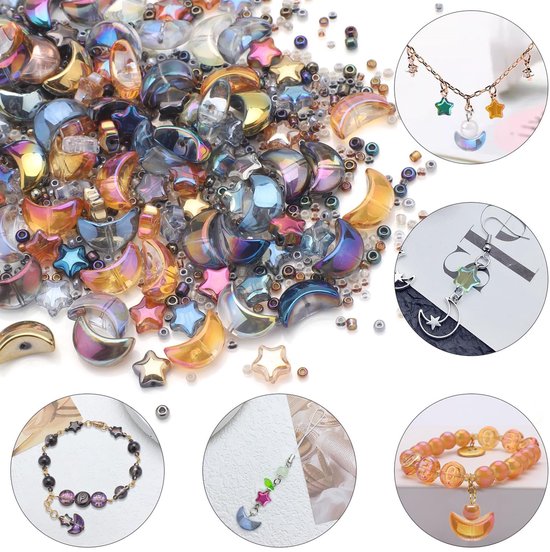 kralen set 520 stuks ster & maan 8-14mm + mini glaskralen kleurrijk gegalvaniseerd voor armbanden sieraden maken oorbellen doe-het-zelf kettingen - incl. opbergdoos — afbeelding 2