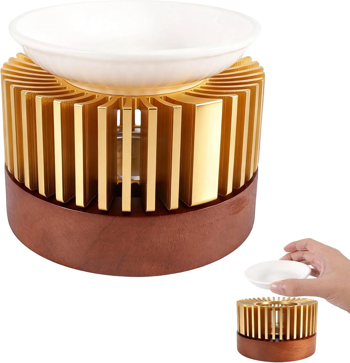 Geurlamp voor etherische oliën, theelichthouder, geurlamp was, aromatische geurlampen, diameter 11 cm, van aluminium, met keramische schaal, voor aromatherapie en decoratie, goud