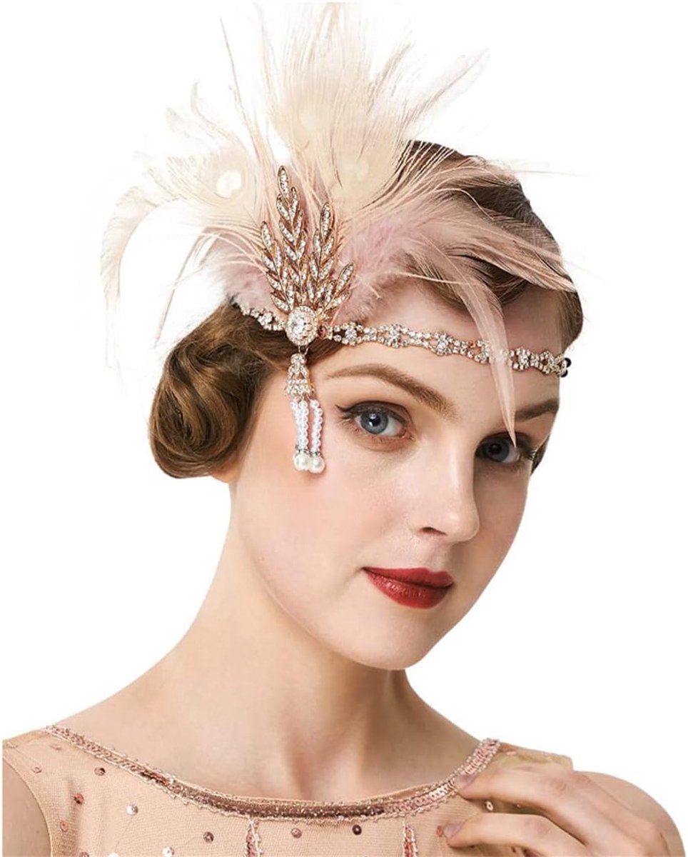 veren hoofdband strass flapper hoofdtooi jaren 20 stijl flapper haarband vrouwen fascinator kostuum accessoires (roze pauwenhaar, eenheidsmaat)