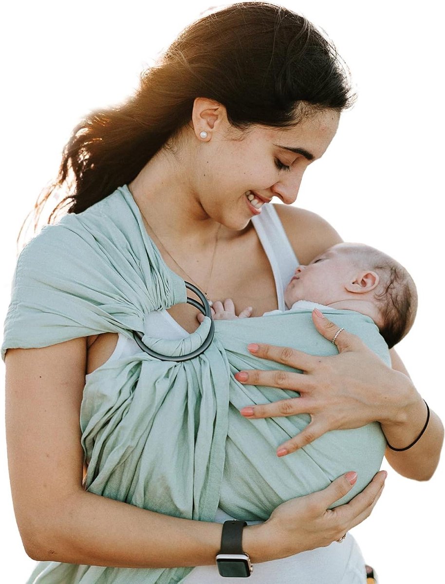 Draagdoek - Baby draagzak Ringsling - Baby dragen - Zachte bamboe en linnen mix - One size - Licht zeegroen
