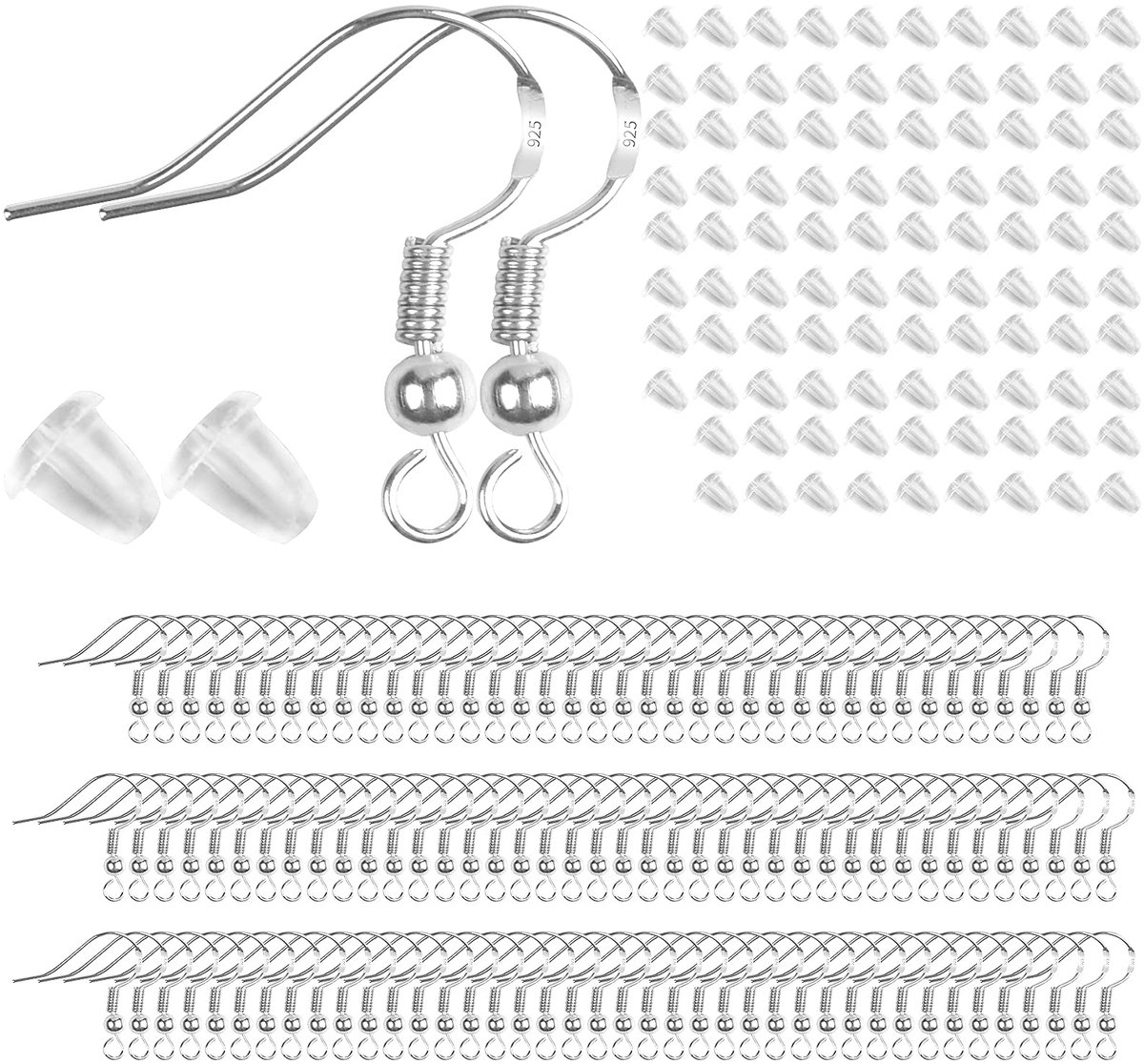 120 stuks haakjes, oorhaken, 925 sterling zilveren oorringen, hypoallergene oorhaken en 120 stuks doorzichtige oorringen, veiligheidsrug voor oorbelhaken