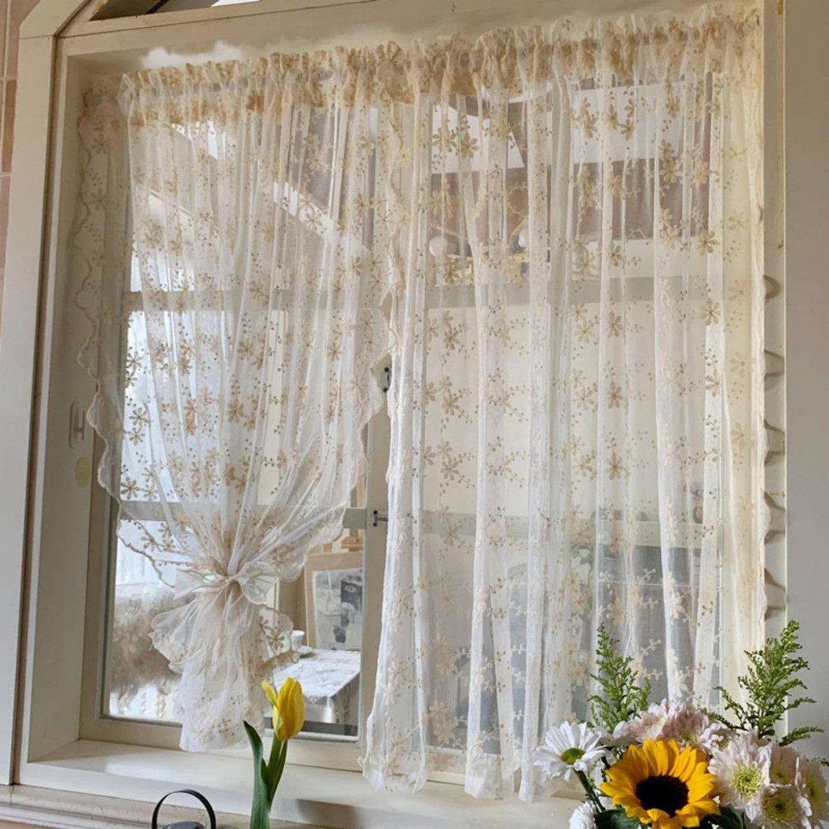 Gordijnen in landelijke stijl met borduurwerk bloemenpatroon transparante gordijnen met gebogen afwerking korte vitrage 1 stuk beige HxB 120x130cm