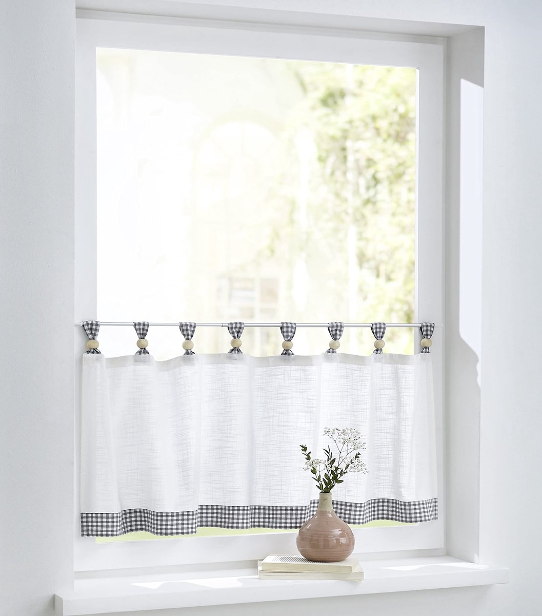 Vitrage wit grijs geruit met lussen en houten ballen, puur katoen, landhuisgordijn keuken, breedte 120 cm x hoogte 50 cm